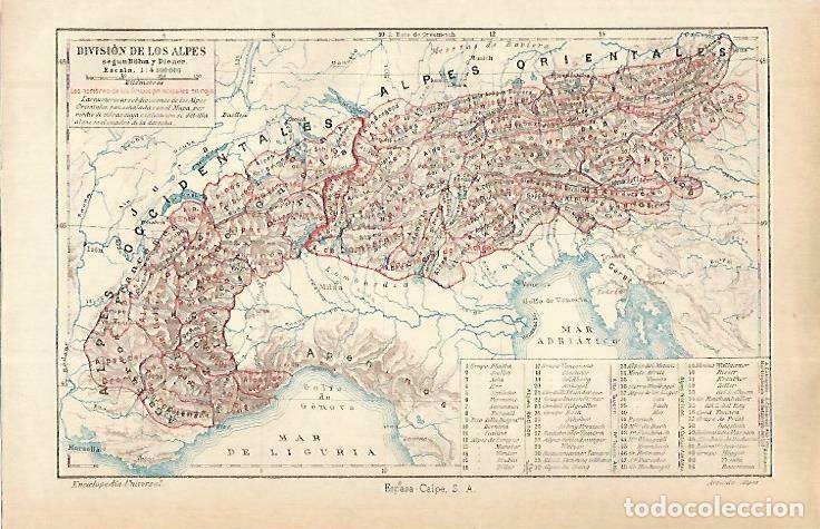 Postales: LAMINA ESPASA 33869: Mapa de la division de los Alpes - Varios