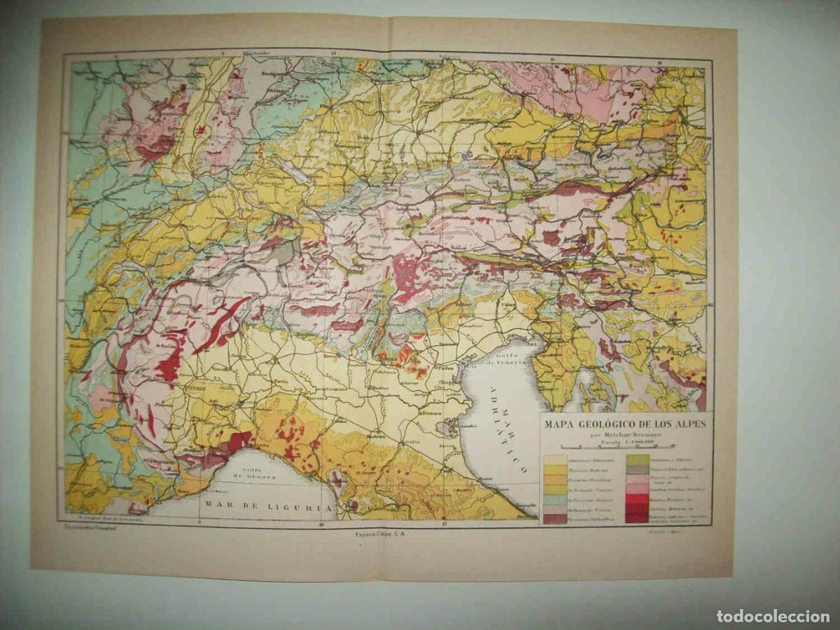 Postais: LAMINA ESPASA 33871: Mapa geologico de los Alpes - Varios
