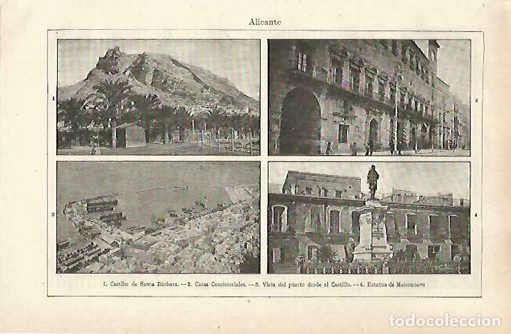 Postales: LAMINA ESPASA 33761: Castillo de Santa Barbara, Ayuntamiento, puerto y Estatua de Maisonnave en Alic