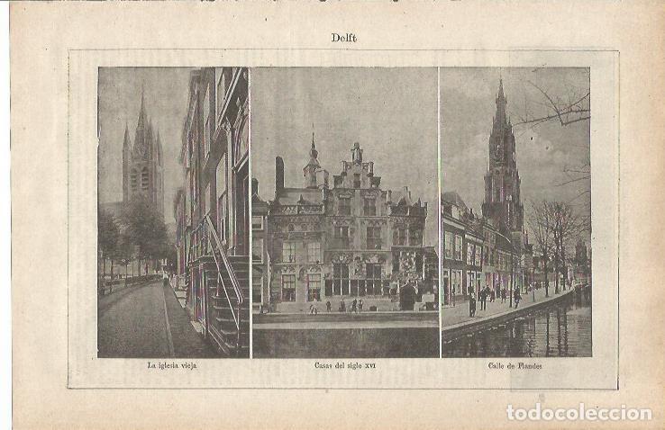 Cartoline: LAMINA ESPASA 33965: Iglesia, casa y calle de Delft, Holanda - Varios
