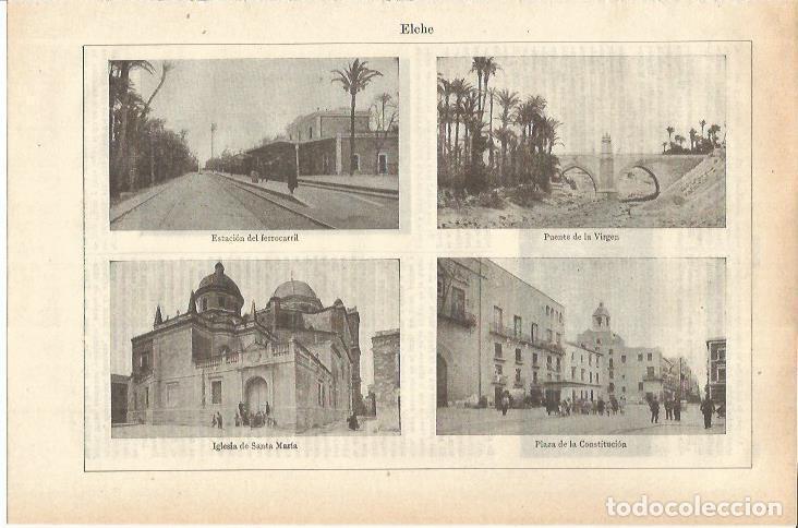 Postales: LAMINA ESPASA 35572: Estacion, Puente de la Virgen y Plaza de la Constitucion en Elche, Alicante - V