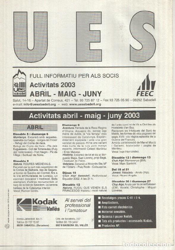 Cartoline: Full Informatiu: UES, Activitats 2003 - de abril a juny (Unio Excursionista Sabadell)