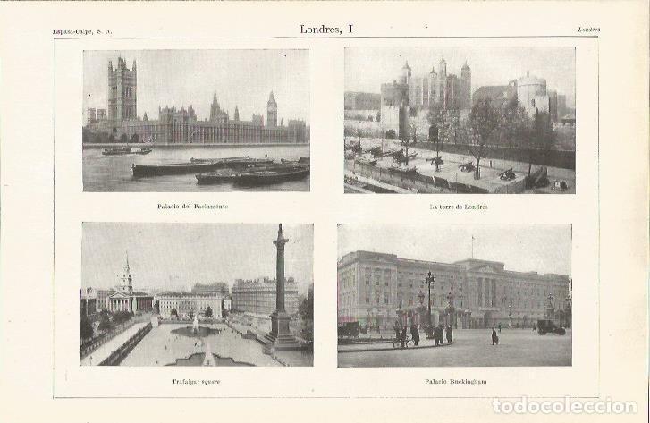 Cartes Postales: LAMINA ESPASA 37117: Parlamento, Torre de Londres, Trafalgar Square y Palacio de Buckingham en Londr