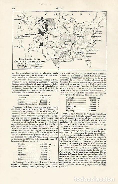 Postales: LAMINA ESPASA 30288: Mapa de los yacimientos de hulla en Estados Unidos - Varios