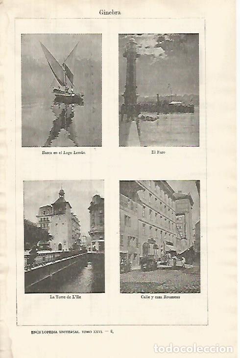 Postales: LAMINA ESPASA 31968: Faro Torre de l Ile y calles de Ginebra - Varios