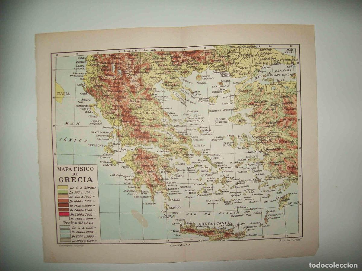 Postais: LAMINA ESPASA 32123: Mapa fisico de Grecia - Varios