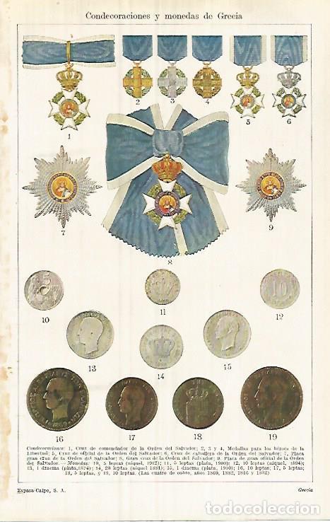 Postais: LAMINA ESPASA 32125: Condecoraciones y monedas de Grecia - Varios