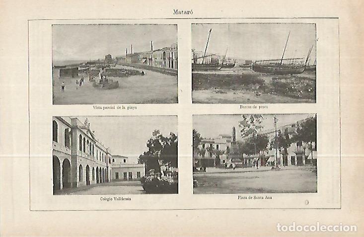 Cartoline: LAMINA ESPASA 32280: Playa, barcas de pesca, Colegi Valldemia y Plaza de Santa Ana de Mataro, Barcel