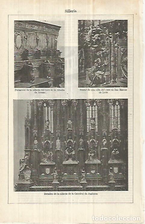 Postales: LAMINA ESPASA 33024: Silleria de la Abadia de Arezzo, de San Marcos de Leon y de la catedral de Ambe