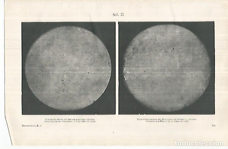 Cartes Postales: LAMINA ESPASA 33159: Fotografia del sol del 8 de julio de 1882 y espectroheliograma del 25 de junio
