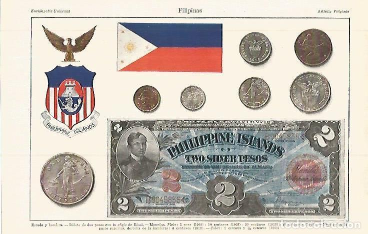 Postais: LAMINA ESPASA 32690: Monedas, bandera y escudo de Filipinas - Varios