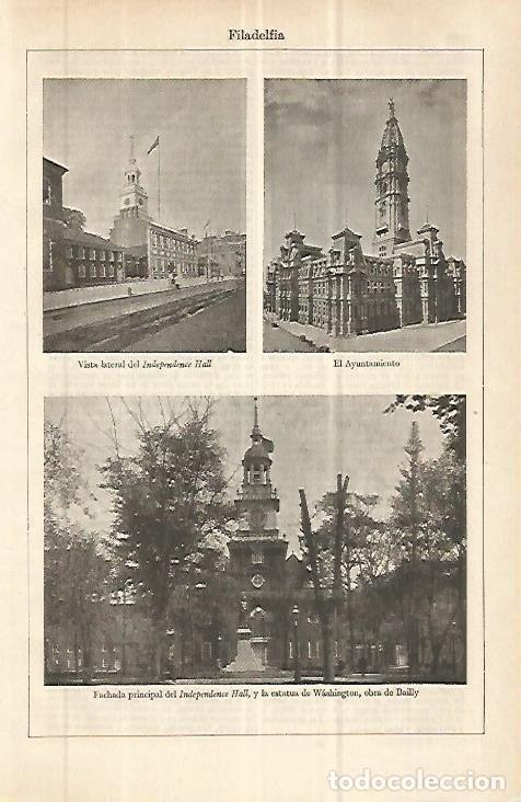 Postais: LAMINA ESPASA 32682: Independence Halla, Ayuntamiento y estatua de Washington en Filadelfia - Varios