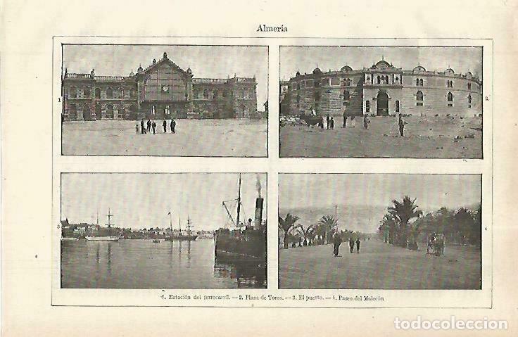 Postales: LAMINA ESPASA 33837: Estacion, Plaza de Toros, Puerto y Malecon de Almeria - Varios