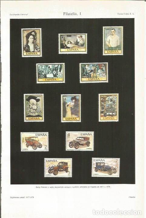 Postais: LAMINA ESPASA 34006: Filatelia. Serie Pinturas y Automoviles antiguos, Espa&ntilde;a 1977-1978 - Varios