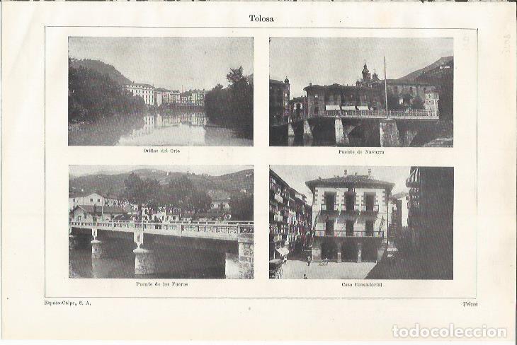 Postcards: LAMINA ESPASA 35087: Orillas del Oria, Puente de Navarra, Puente de los Fueros y Ayuntamiento de Tol