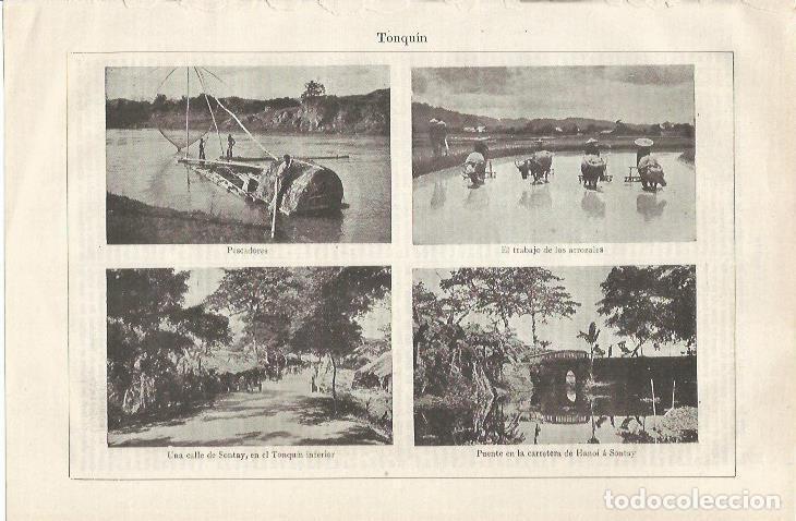 Postales: LAMINA ESPASA 35120: Pescadores, arrozales y calles de Tonquin - Varios