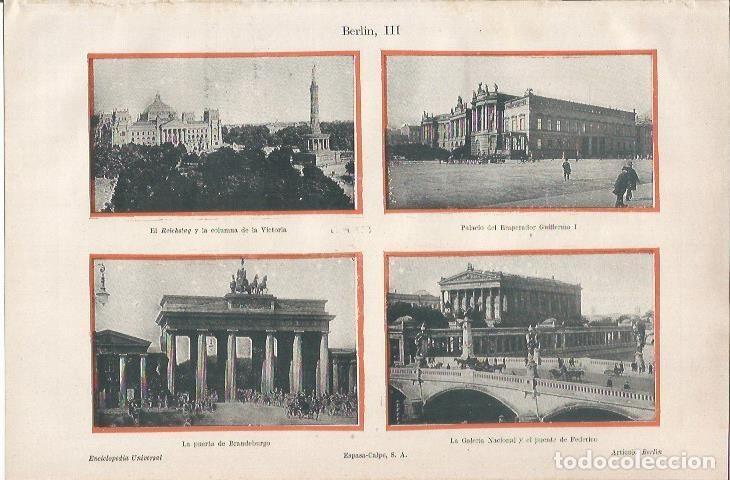 Cartoline: LAMINA ESPASA 34462: Puerta de Brandenburgo, Palacio de Guillermo I y Galeria Nacional en Berlina -