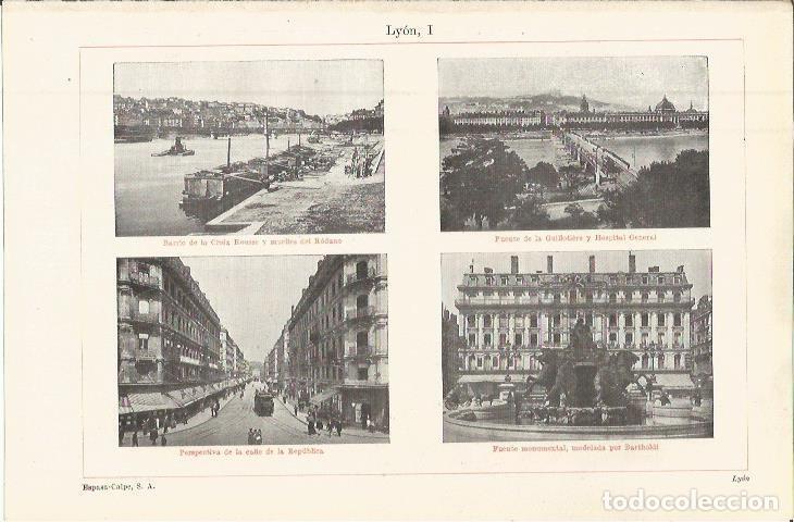 Postales: LAMINA ESPASA 36345: Calle, puente y fuente en Lyon, Francia - Varios