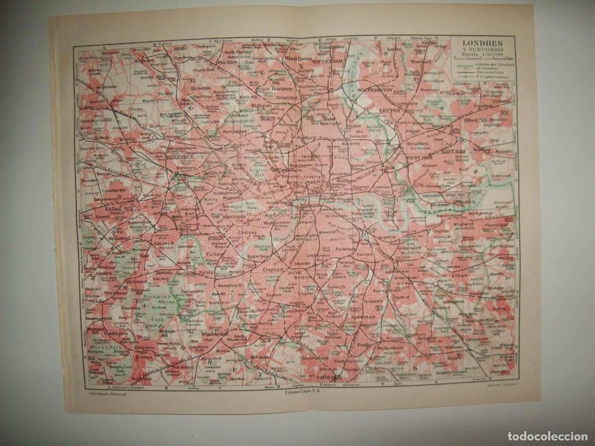 Postais: LAMINA ESPASA 37112: Mapa de Londres y suburbios - Varios