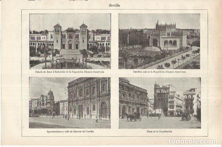 Postales: LAMINA ESPASA 37236: Palacios de la Exposicion, Ayuntamiento y Plaza de la Constitucion en Sevilla -
