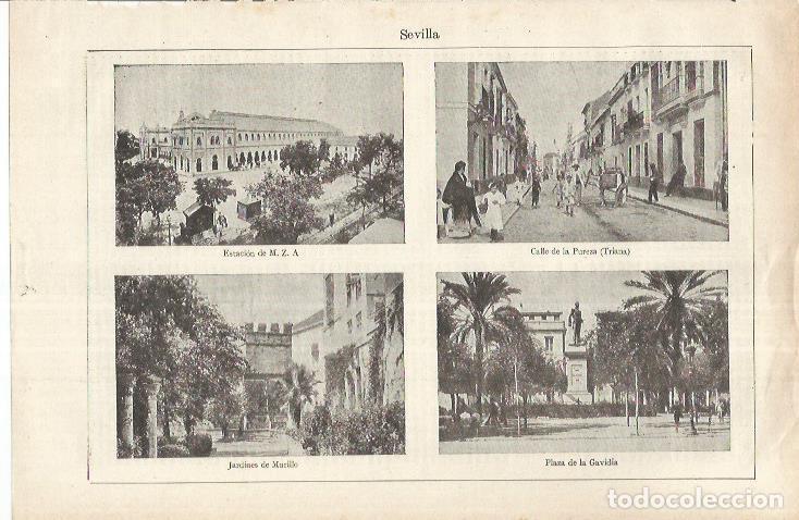 Cartes Postales: LAMINA ESPASA 37234: Calle de la Pureza, Estacion, Jardines de Murillo y Plaza de la Gavidia en Sevi