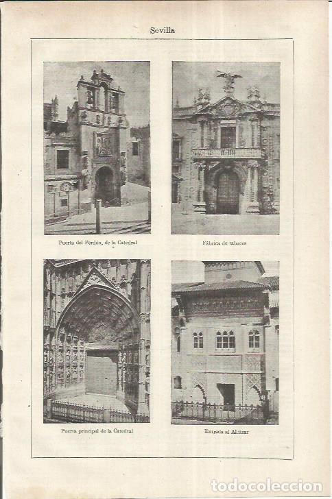 Cartes Postales: LAMINA ESPASA 37237: Fabrica de Tabacos, catedral y entrada del Alcazar en Sevilla - Varios