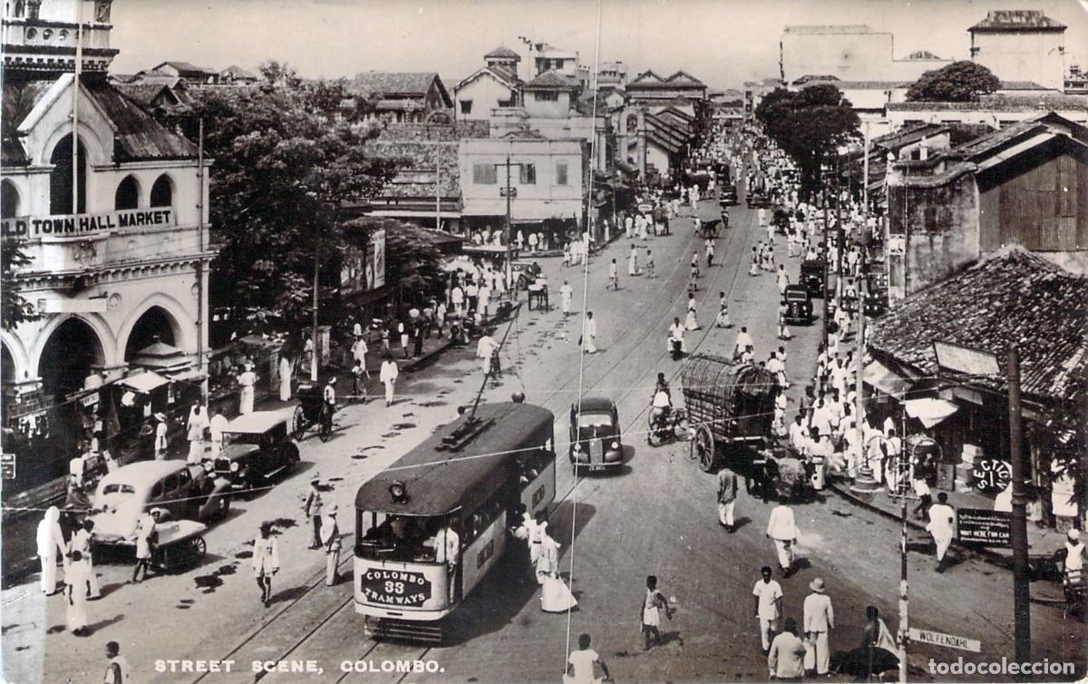 Postales: Postal de Escena Callejera en Colombo con Tranv&iacute;a y Mercado