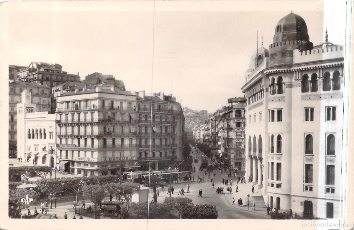 Postales: Postal de Argel, Rue d'Isly y Arquitectura de la Ciudad Tren