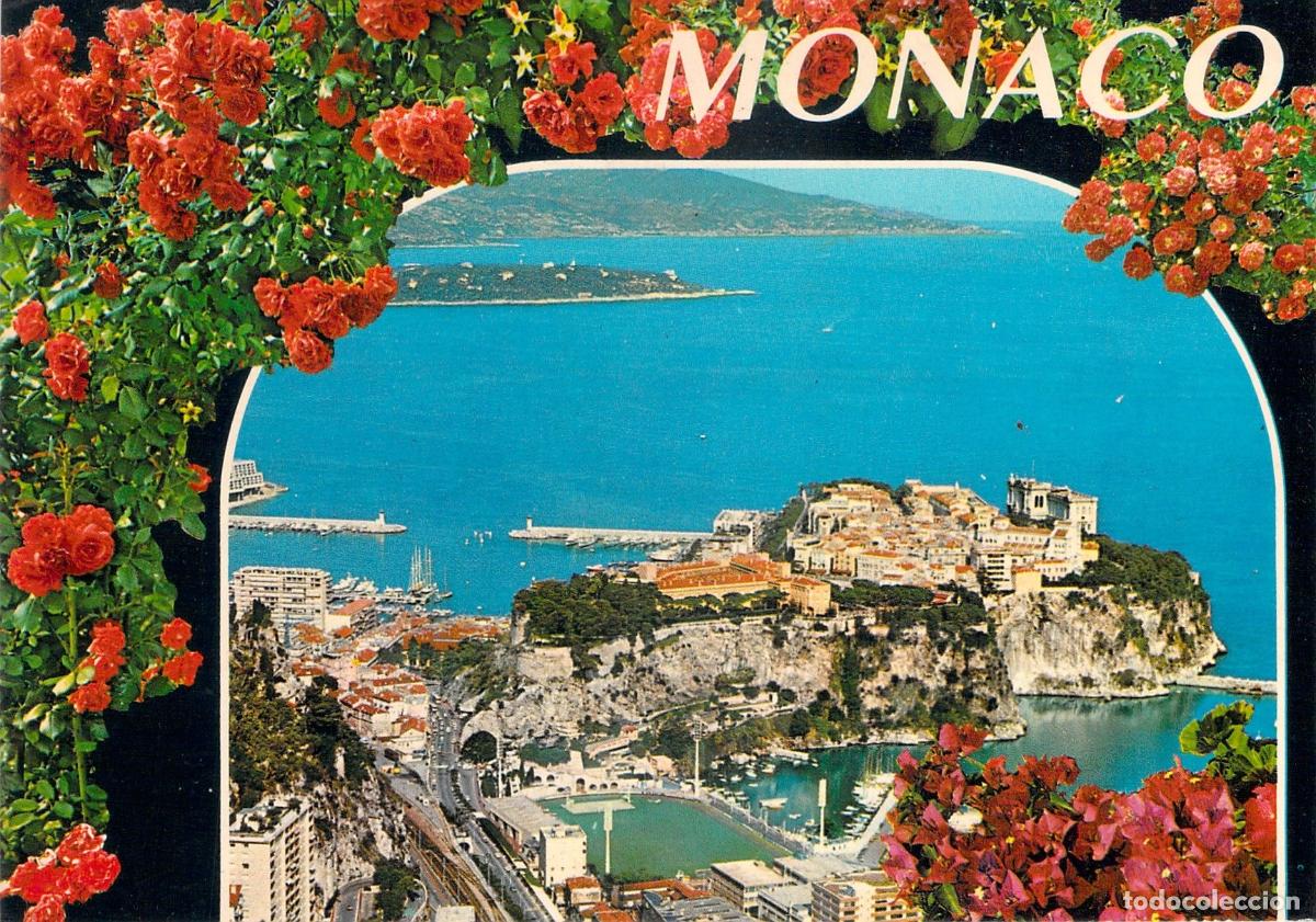 Postales: Postal Souvenir de M&oacute;naco con Vista Panor&aacute;mica y Flores