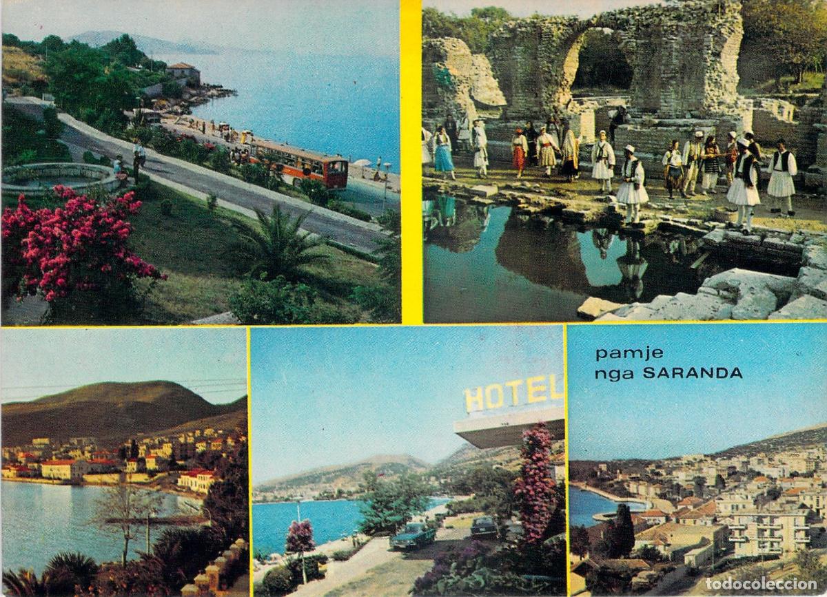 Postcards: Postal de Saranda Albania Vistas del Pueblo y Trajes T&iacute;picos