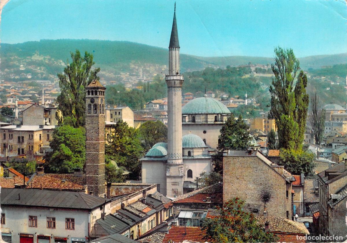 Cartoline: Postal de Sarajevo: Mezquita de Gazi Husrev-beg y Torre del Reloj