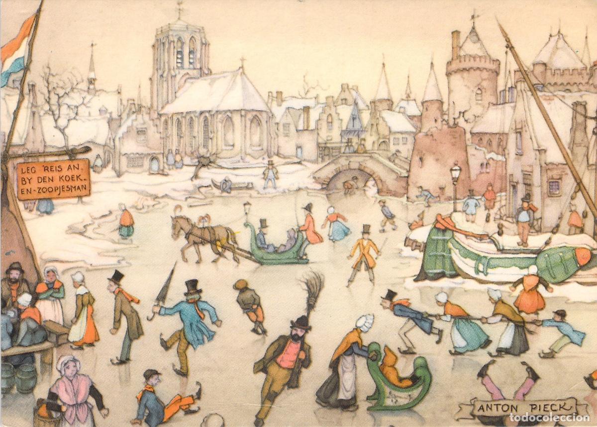Postales: Postal Ilustrada de Anton Pieck con Escena de Invierno en Holanda