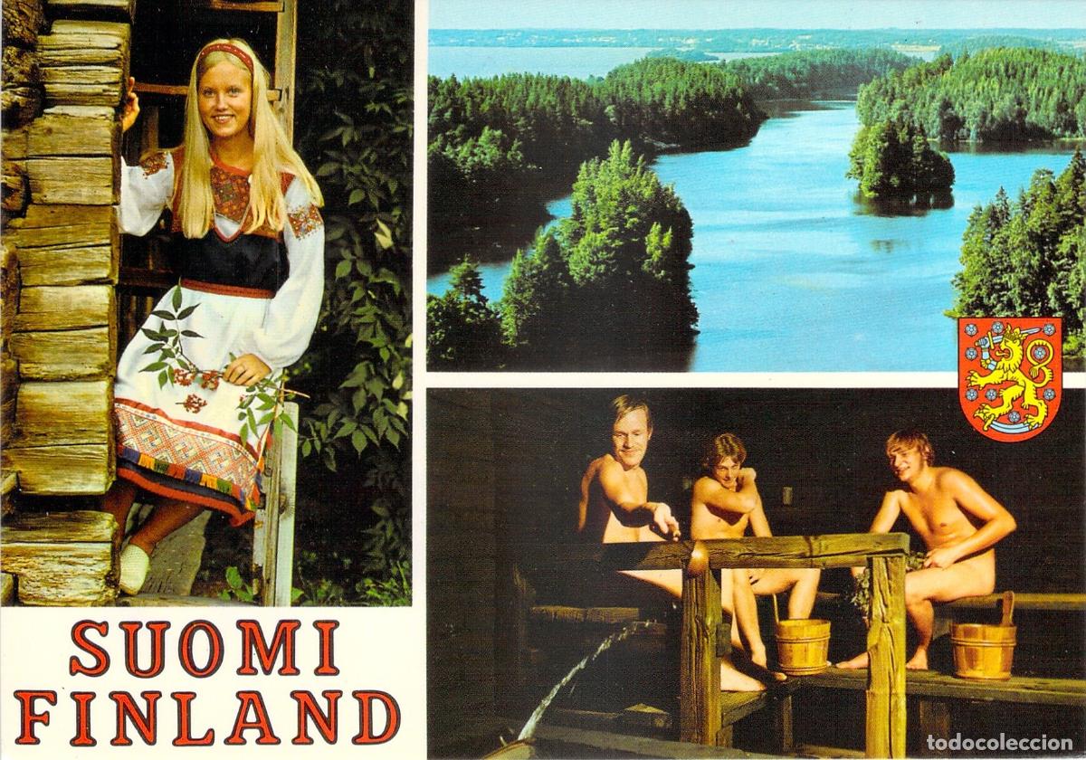 Postales: Postal de Finlandia: Traje T&iacute;pico, Sauna y Paisaje de Lagos