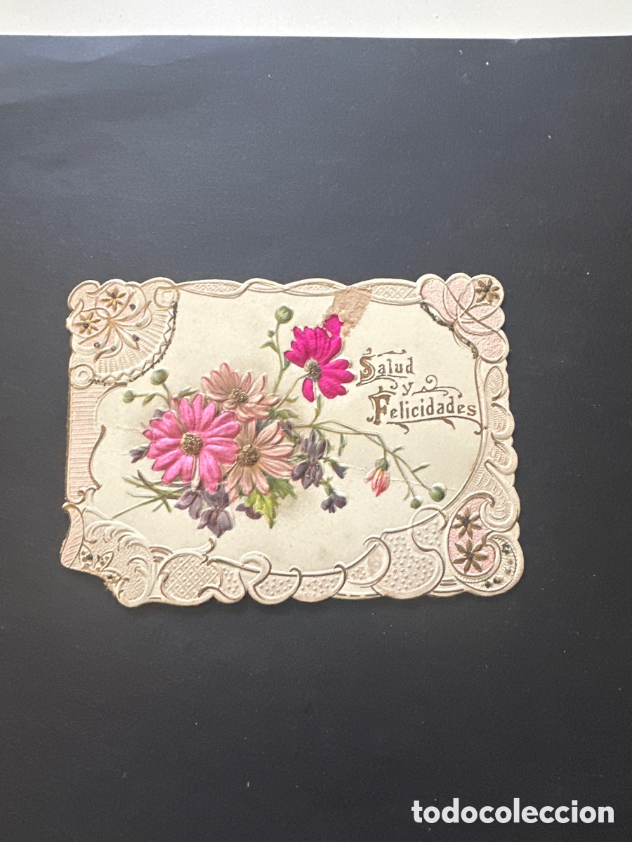 Postales: Tarjeta postal antigua de felicitaci&oacute;n con flores en relieve