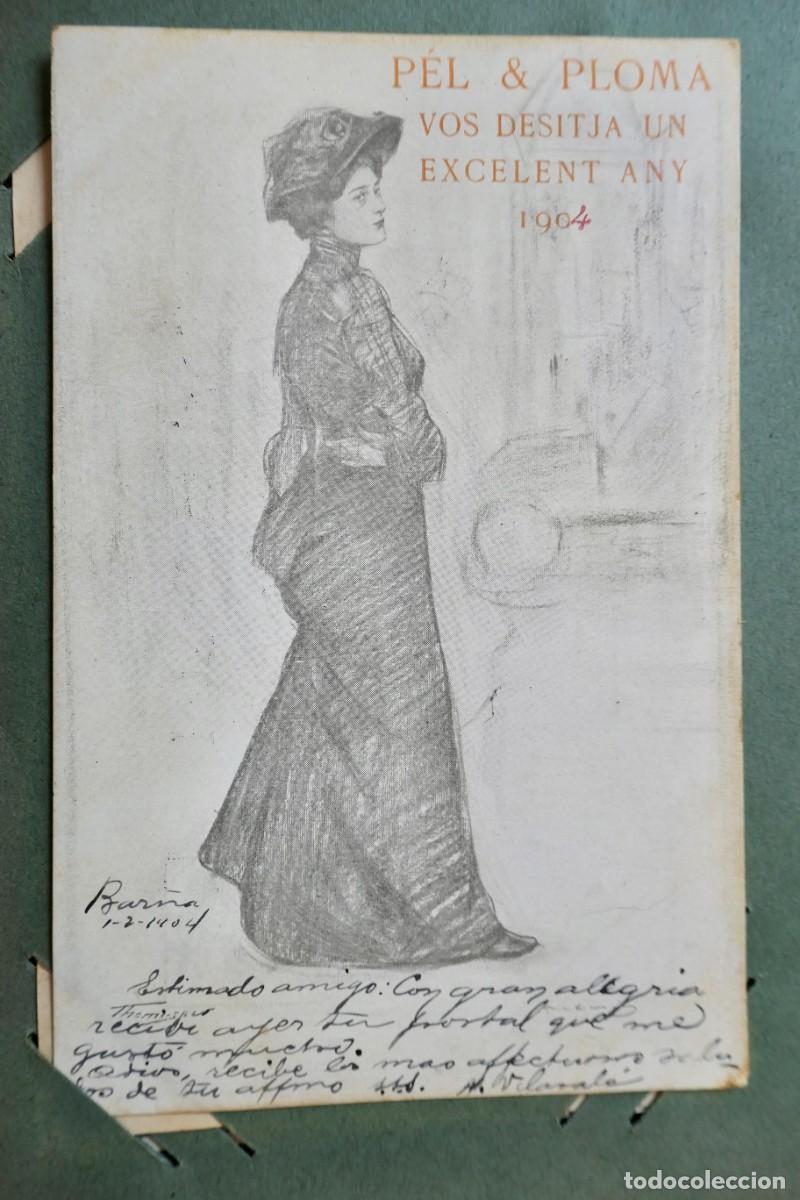 Postales: modernista editada por revista art&iacute;stica y literaria barcelonesa P&egrave;l & Ploma para felicitar a&ntilde;o 1904