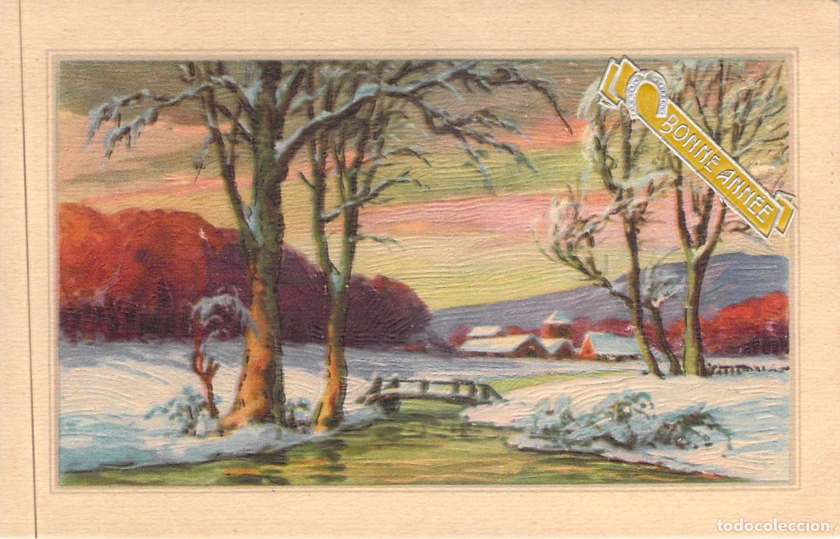 Postales: Postal Ilustrada de A&ntilde;o Nuevo con Paisaje Invernal y Nieve