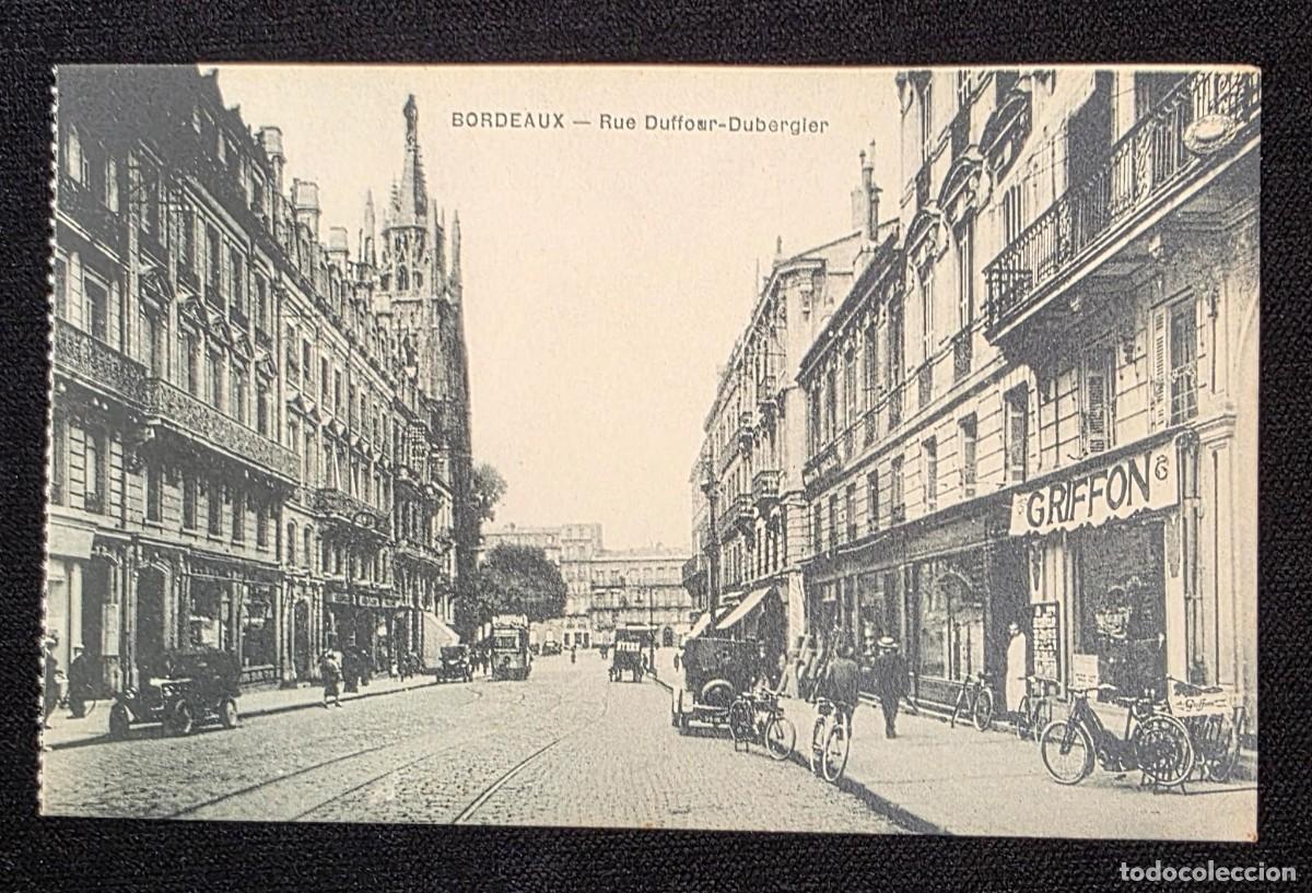 Postales: P.997 Postal antigua Bordeaux Rue Duffour-Dubergier Francia escena urbana con tranv&iacute;a y comercios