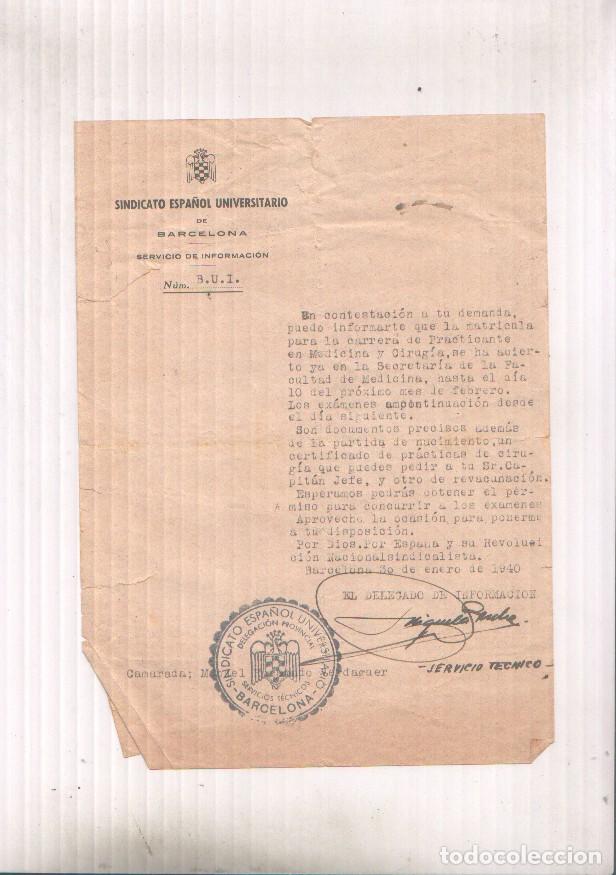 Postales: Carta respuesta del Sindicato Espa&ntilde;ol Universitario de Barcelona en 1940 -