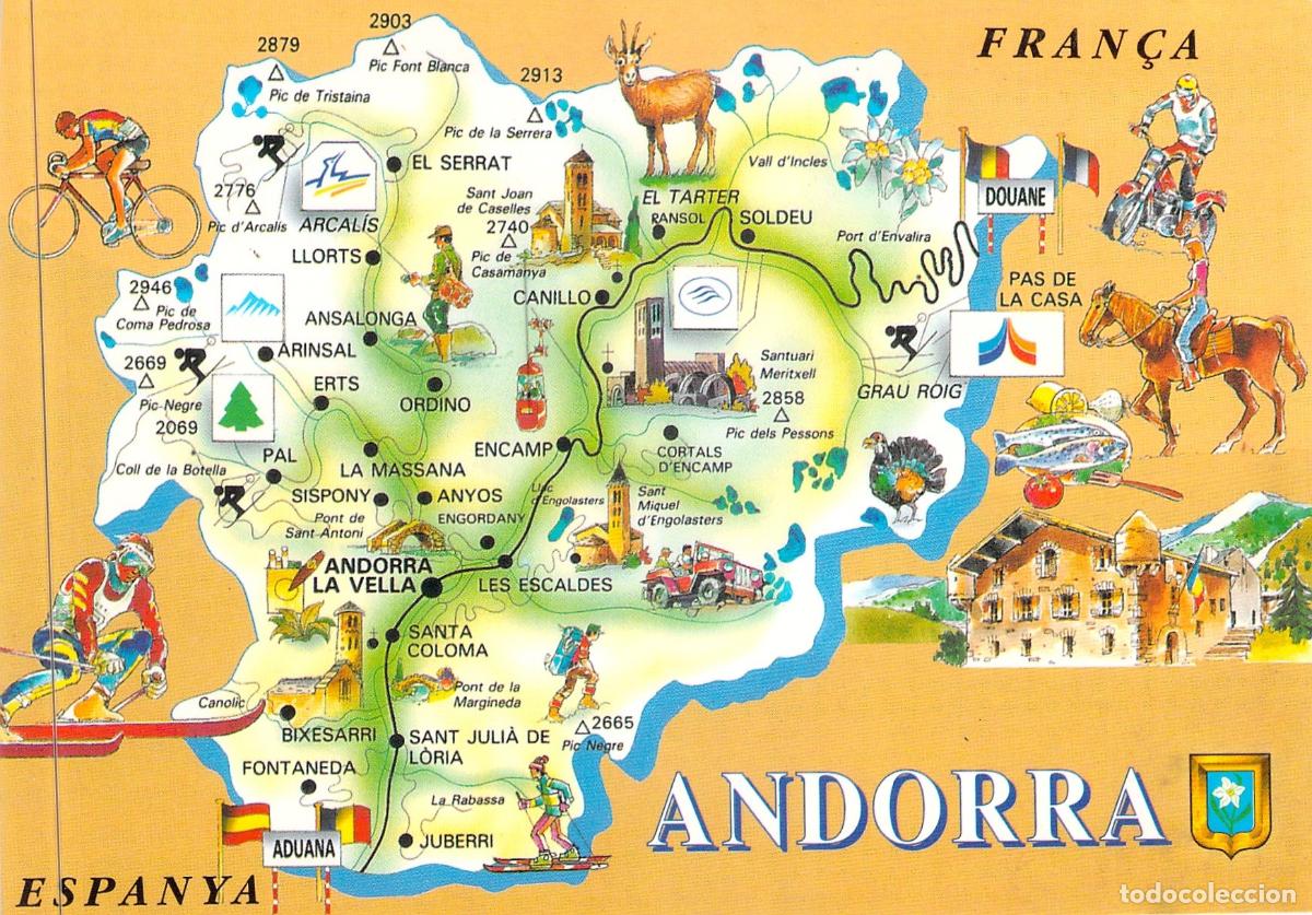 Postales: Postal Mapa Ilustrado de Andorra y Actividades Tur&iacute;sticas