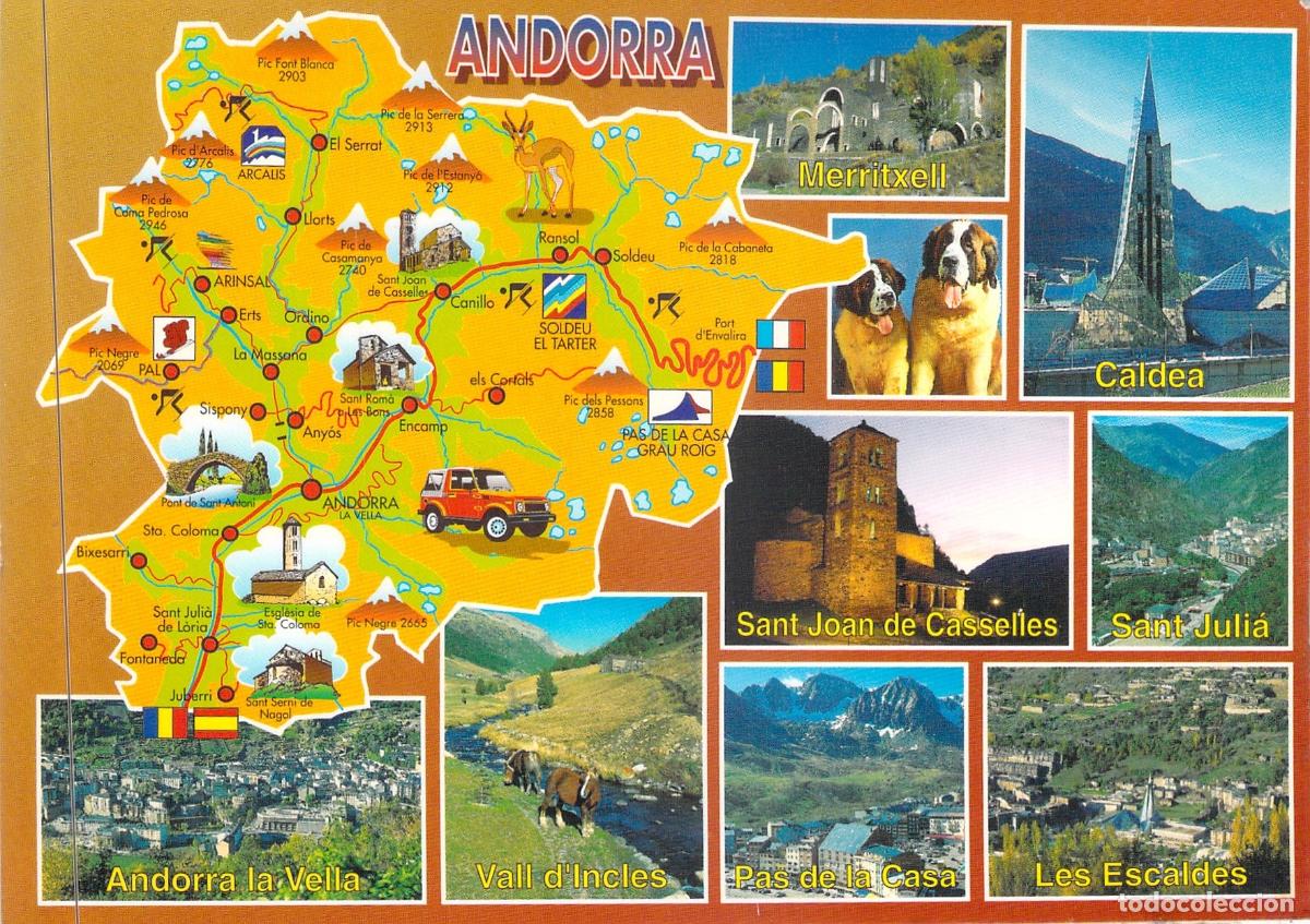 Postales: Postal de Andorra Mapa y Vistas de Caldea, Meritxell y Pas de la Casa