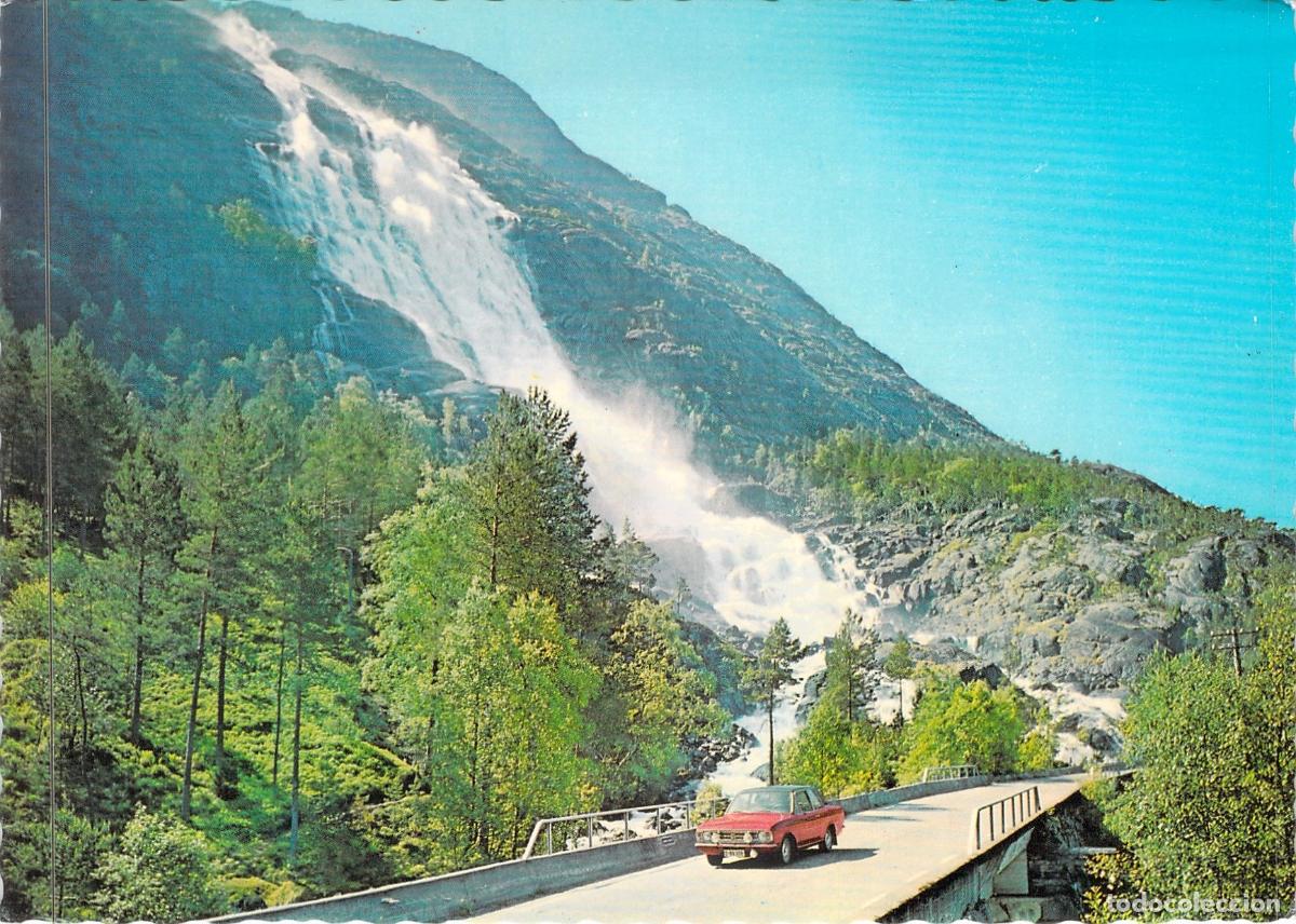 Postales: Postal de la Cascada Longfoss en &Aring;krafjorden, Noruega