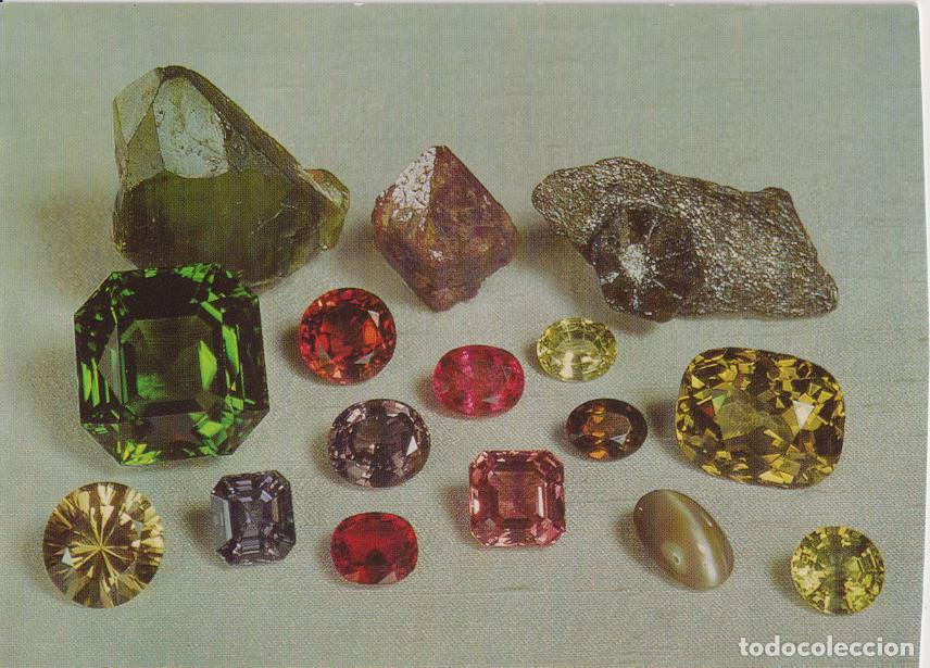 Postales: POSTAL PIEDRAS PRECIOSAS, ESPERSARTINA, PERIDOTO, ESPINELA, CRISOBERILO - FOTO DE J.M.PULSFORD -