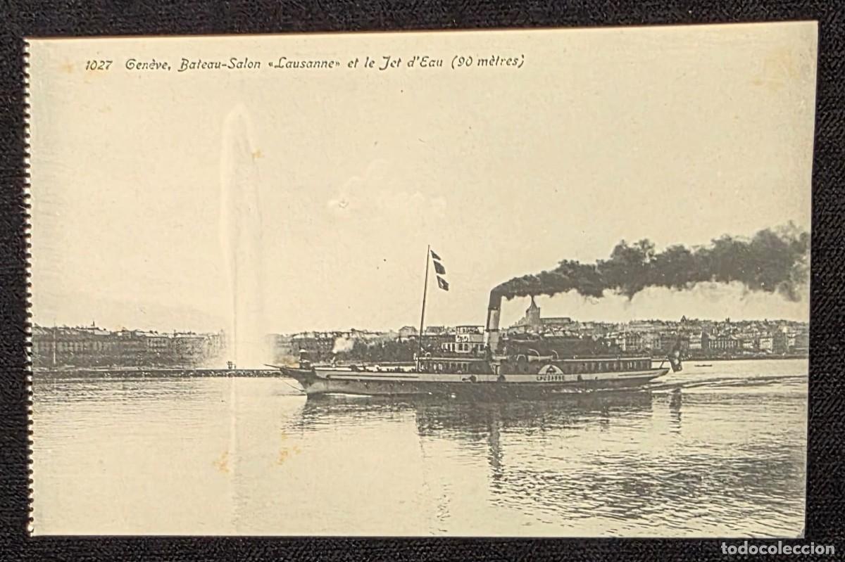 Postales: P.1012 Antigua Postal Gen&egrave;ve Bateau-Salon Lausanne y Jet d&rsquo;Eau Suiza Vintage