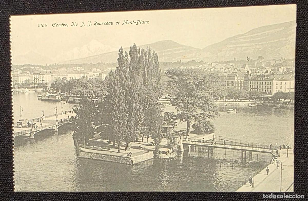 Postales: P.1014 Antigua Postal Gen&egrave;ve &Icirc;le J.J. Rousseau y Mont-Blanc Suiza Vintage