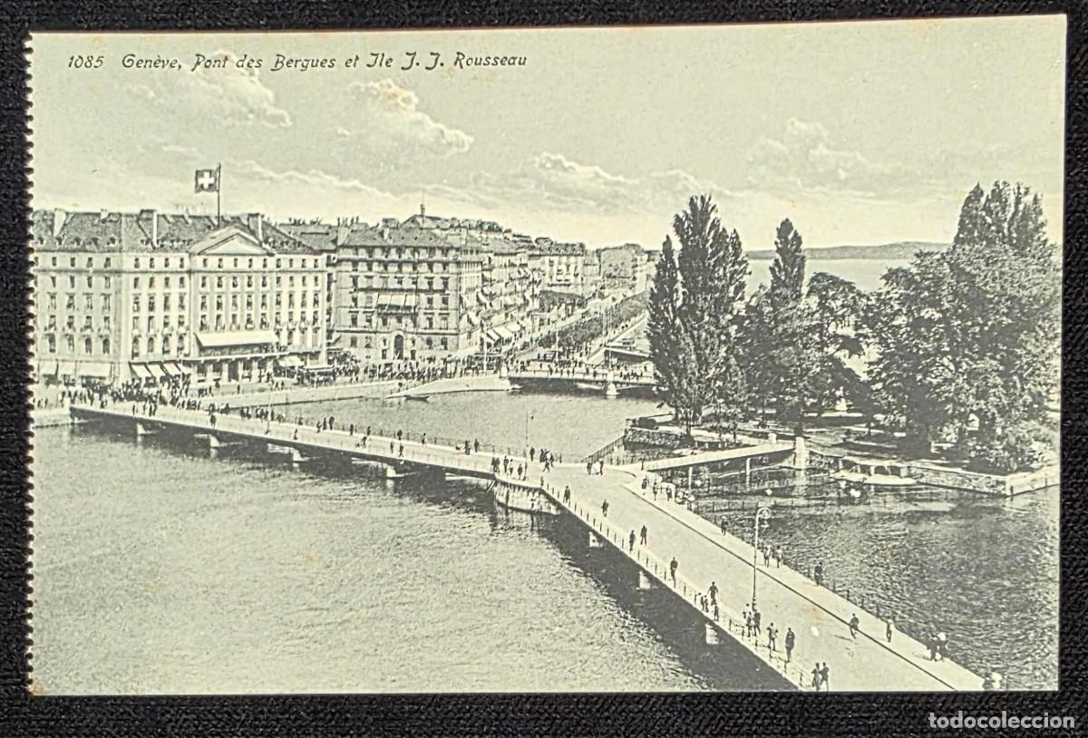 Postales: P.1017 Postal Antigua Gen&egrave;ve Pont des Bergues et &Icirc;le J.J. Rousseau Suiza Blanco y Negro