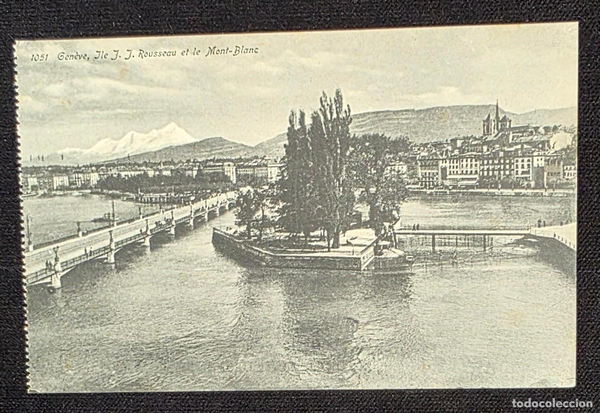 Postales: P.1024 Postal Antigua Gen&egrave;ve &Icirc;le J.J. Rousseau y Mont Blanc Suiza Lago L&eacute;man