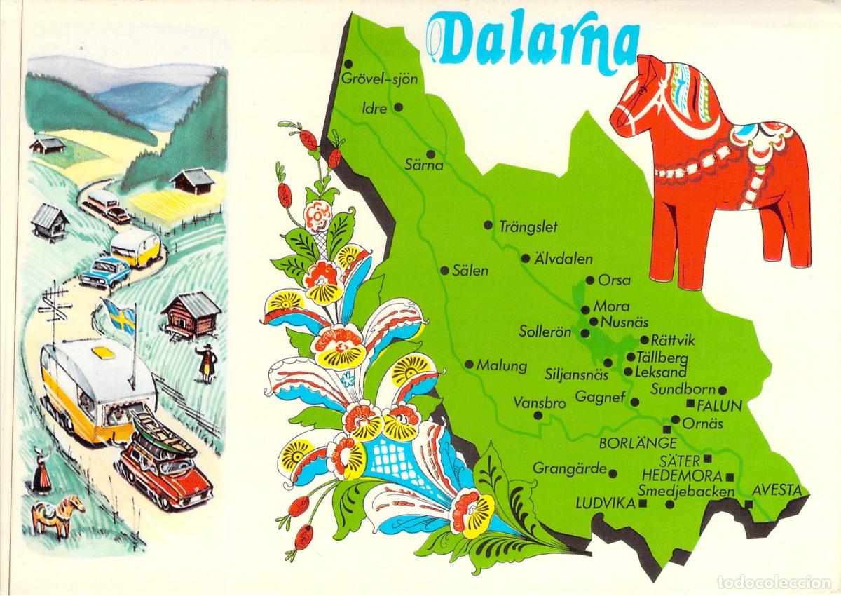 Postales: Postal de Dalarna Suecia Mapa Ilustrado y Caballo de Dala