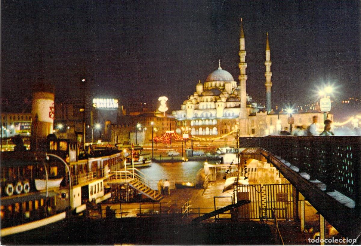 Postales: Postal de Estambul: Mezquita Nueva Yeni Cami Iluminada de Noche