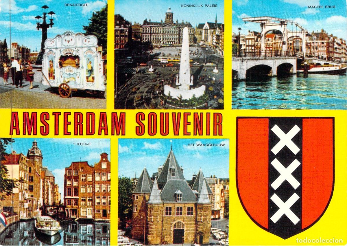 Postales: Postal de Recuerdo de &Aacute;msterdam con Vistas de la Ciudad y Escudo