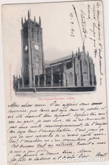 Postales: Leeds (Inglaterra). The Parisch Church (la iglesia parroquial) Franqueada y Fechada en Madrid el 13